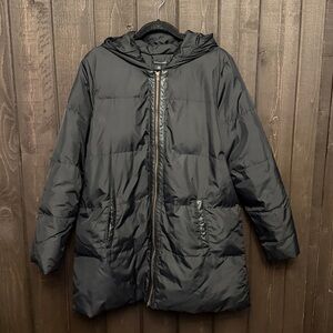 Eileen Fisher Womens Sz LG Down Puffer Coat Warm Winter Midi Black Leather Trim